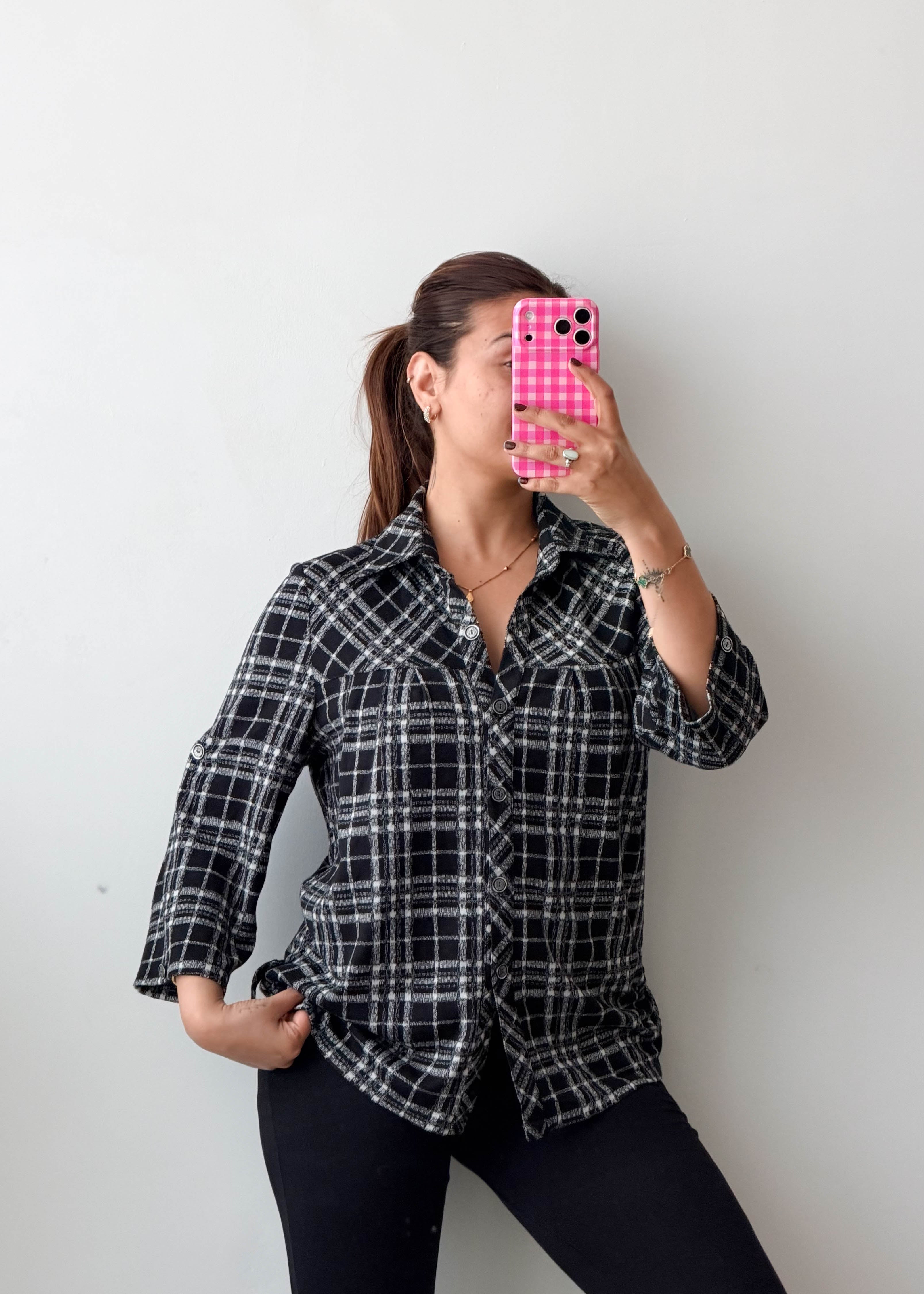 Size S-M Black Checked Shirt Top