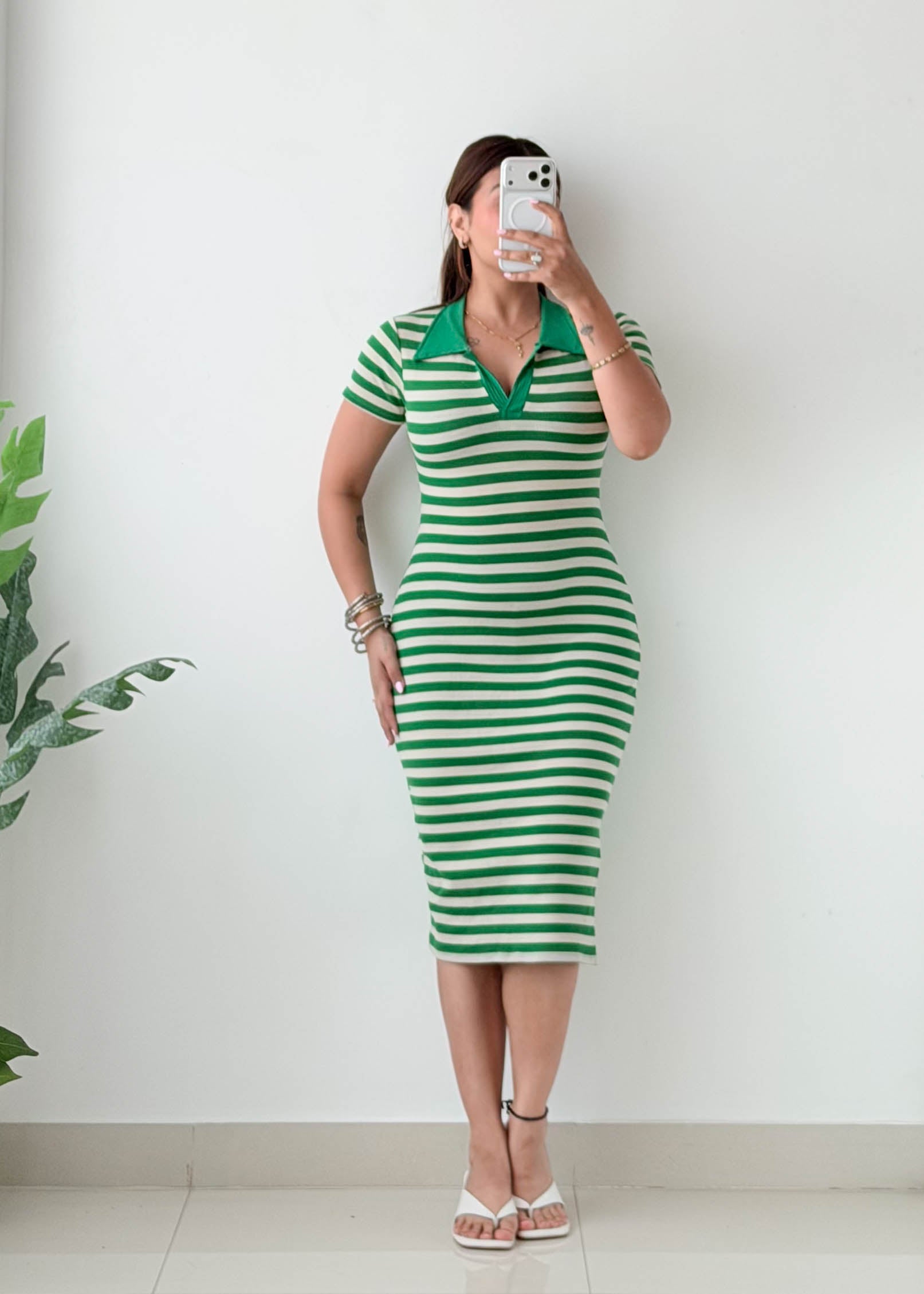 Size XS-S Green Striped Polo Midi Dress