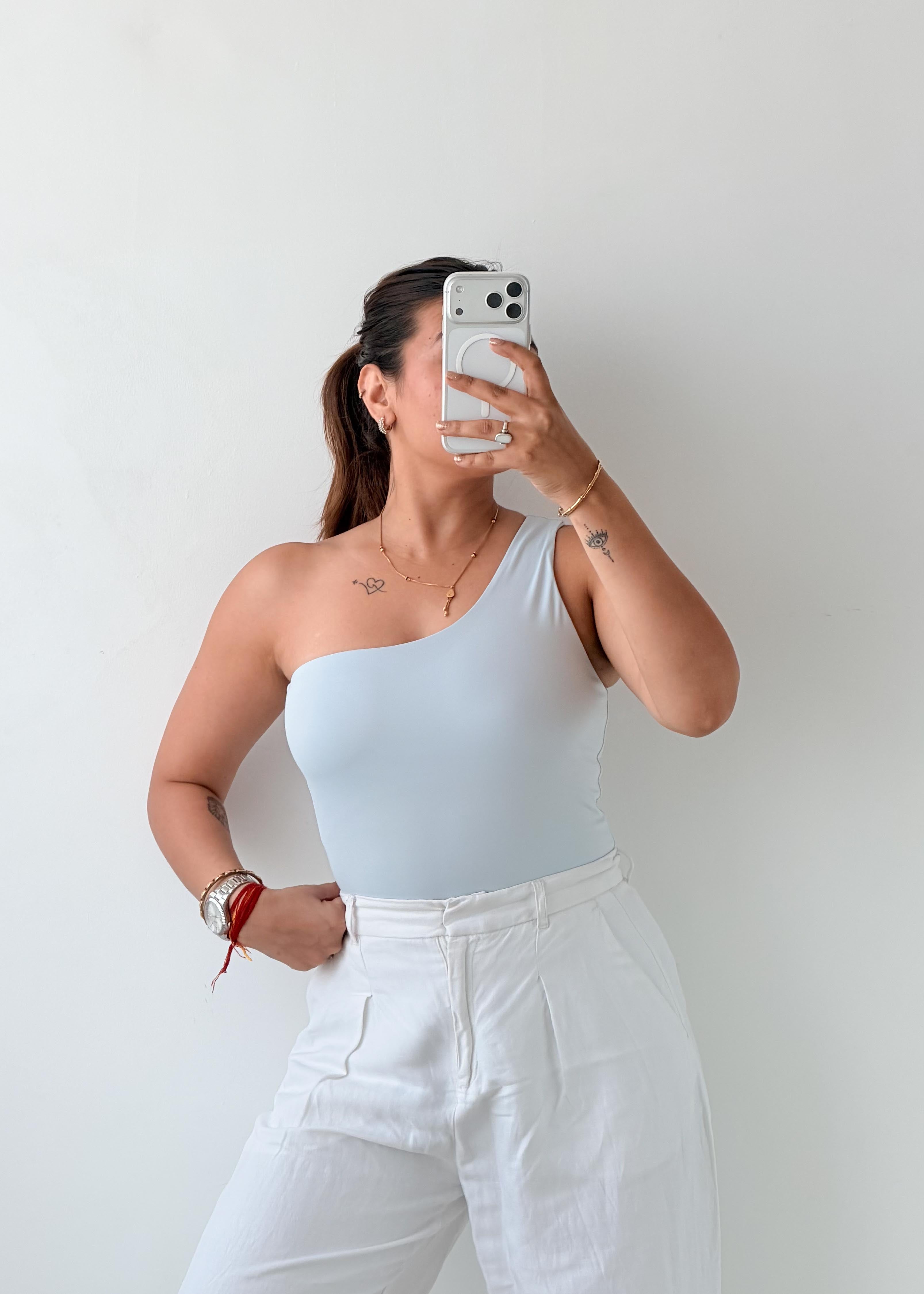 Size S-M Powder Blue One-Shoulder Bodysuit