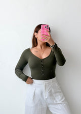 Size S-M Olive Button Front Bodysuit