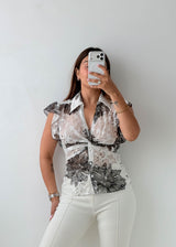 Size S-M White Grey Floral Tie-Front Shirt Top