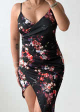 Size S-M Black Floral Wrap Midi Dress