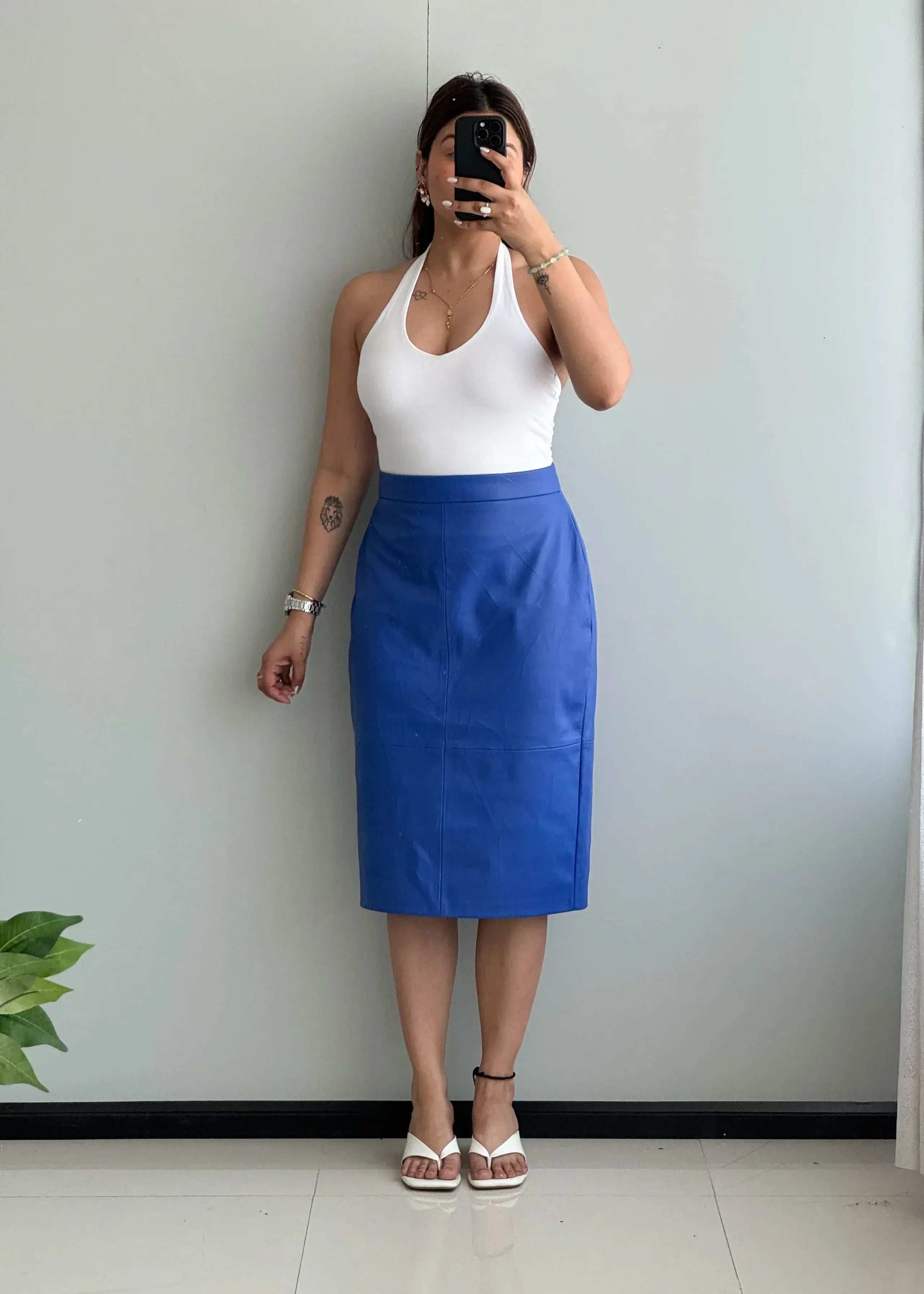 Waist : 32-33, Blue Leather Skirt - Closet by Payal