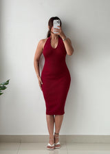 Size S-M Burgundy Ribbed Knit Halter Midi Dress
