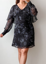 Size L Black Abstract Print Sheer Sleeve Mini Dress