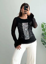Size S-M, Black Sequin Statement Top with Sheer Sleeves - Closet by Payal