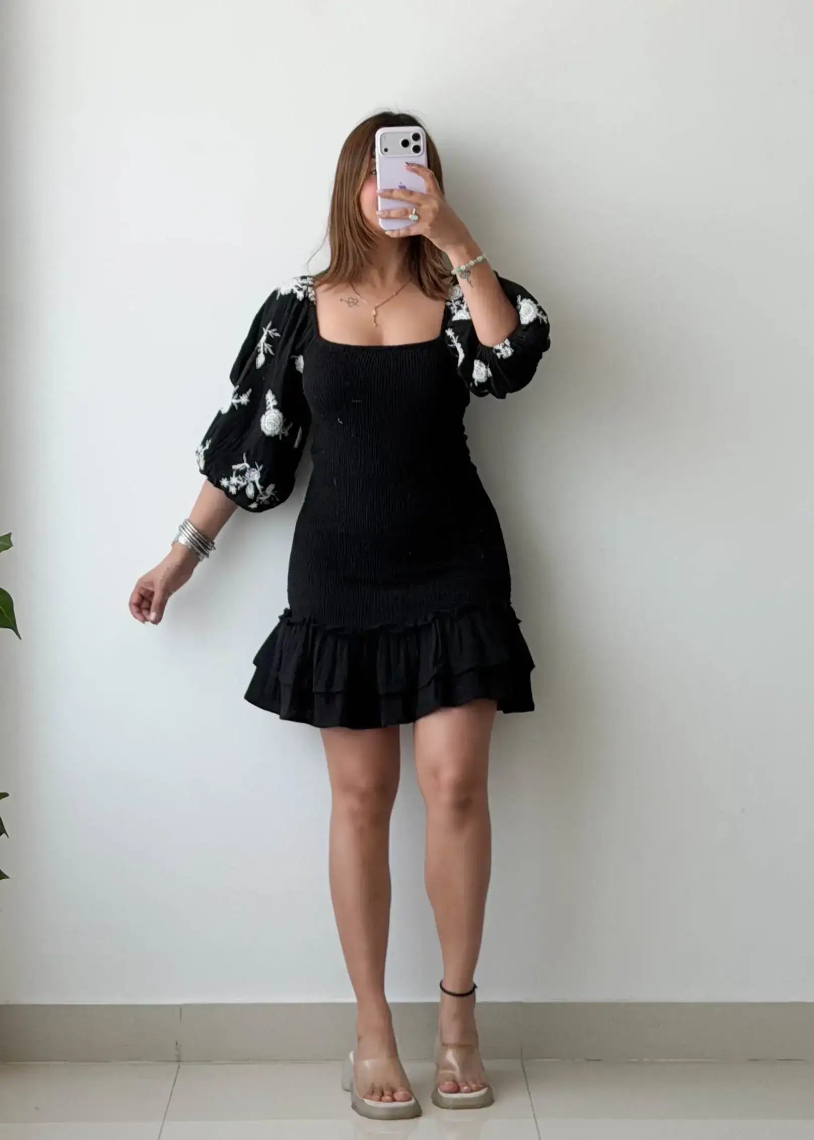 Size S-M, Black Floral Sleeve Bodycon Mini Dress