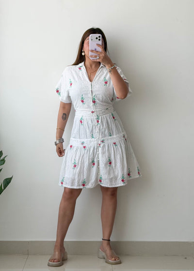 Size XS-S, White Embroidered Tiered Mini Dress