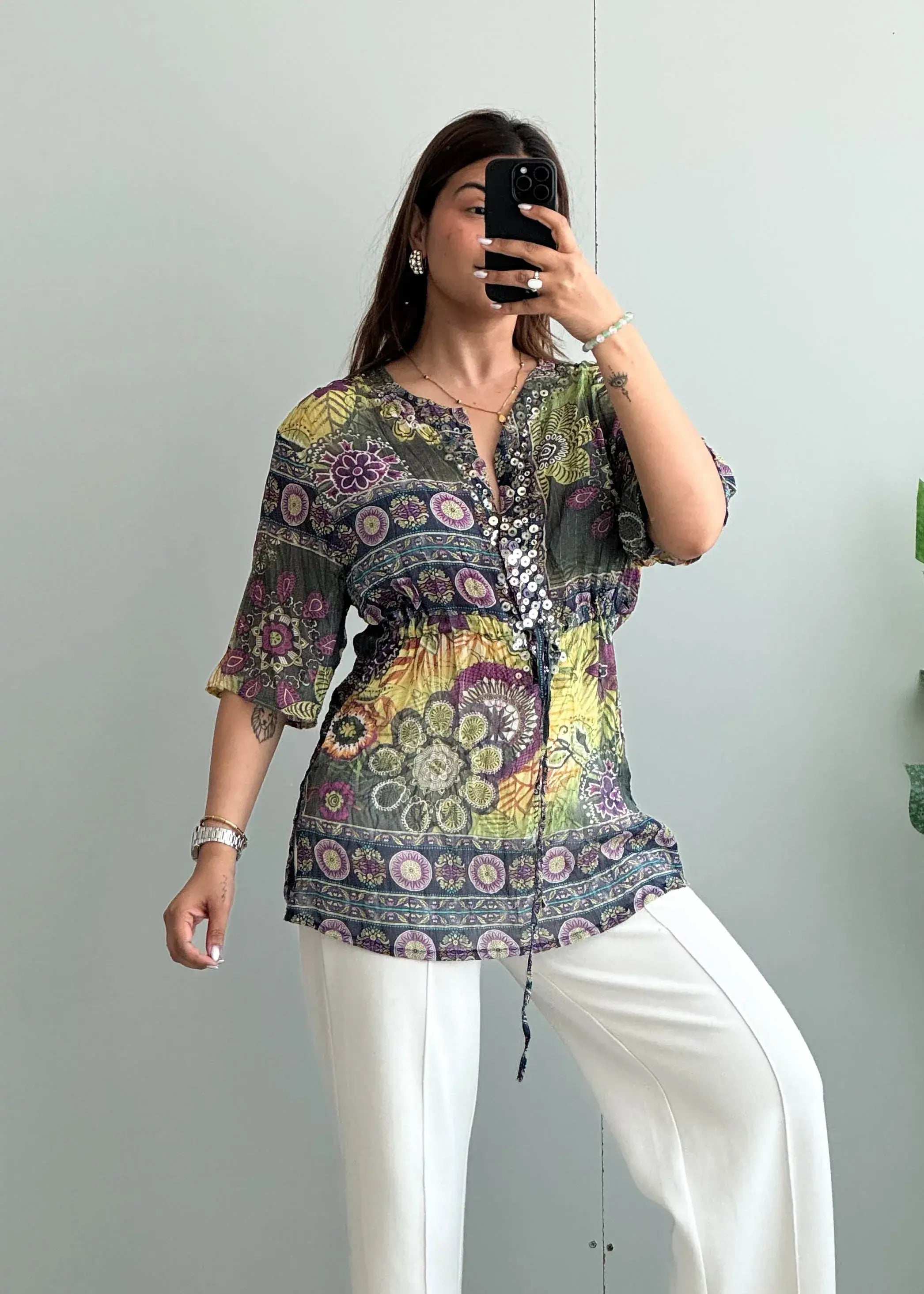 Size S-M, Multicolor Bohemian Print Sequin Detail Top - Closet by Payal