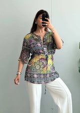 Size S-M, Multicolor Bohemian Print Sequin Detail Top - Closet by Payal