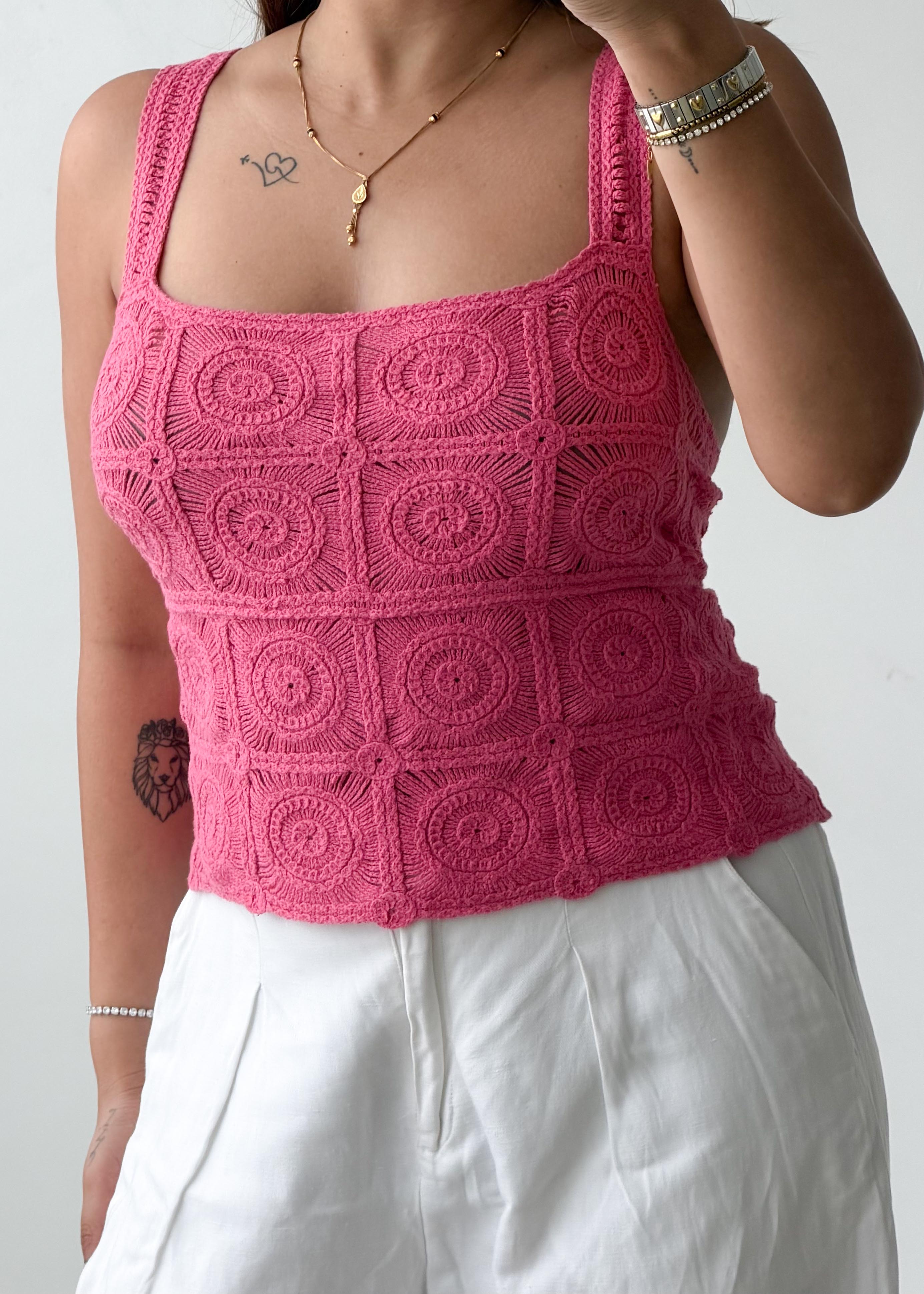 Size M-L Pink Crochet Knit Tank Top