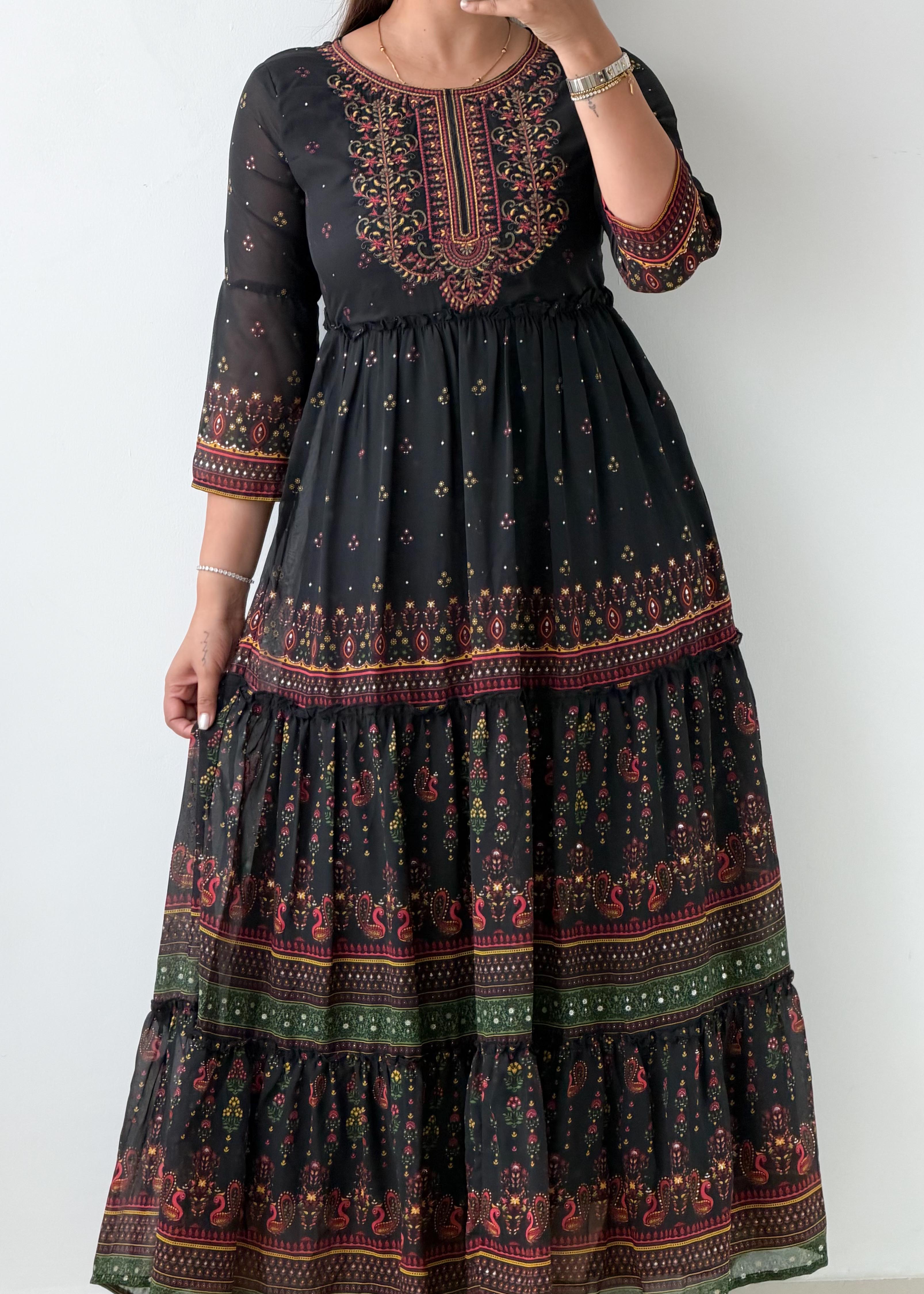 Size XS-S Black Ethnic Print Tiered Maxi Dress