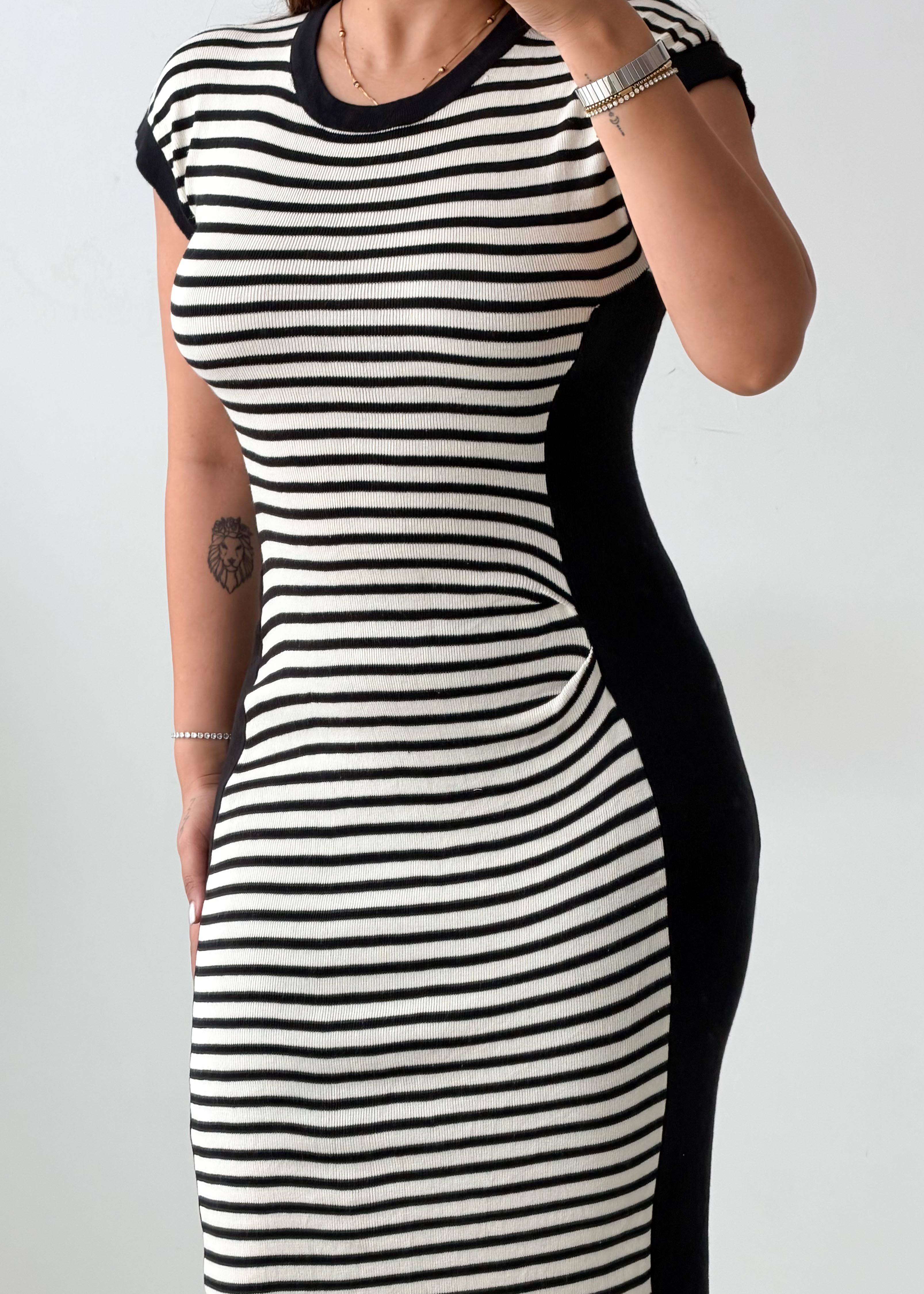 Size S-M Black & White Striped Knit Midi Dress
