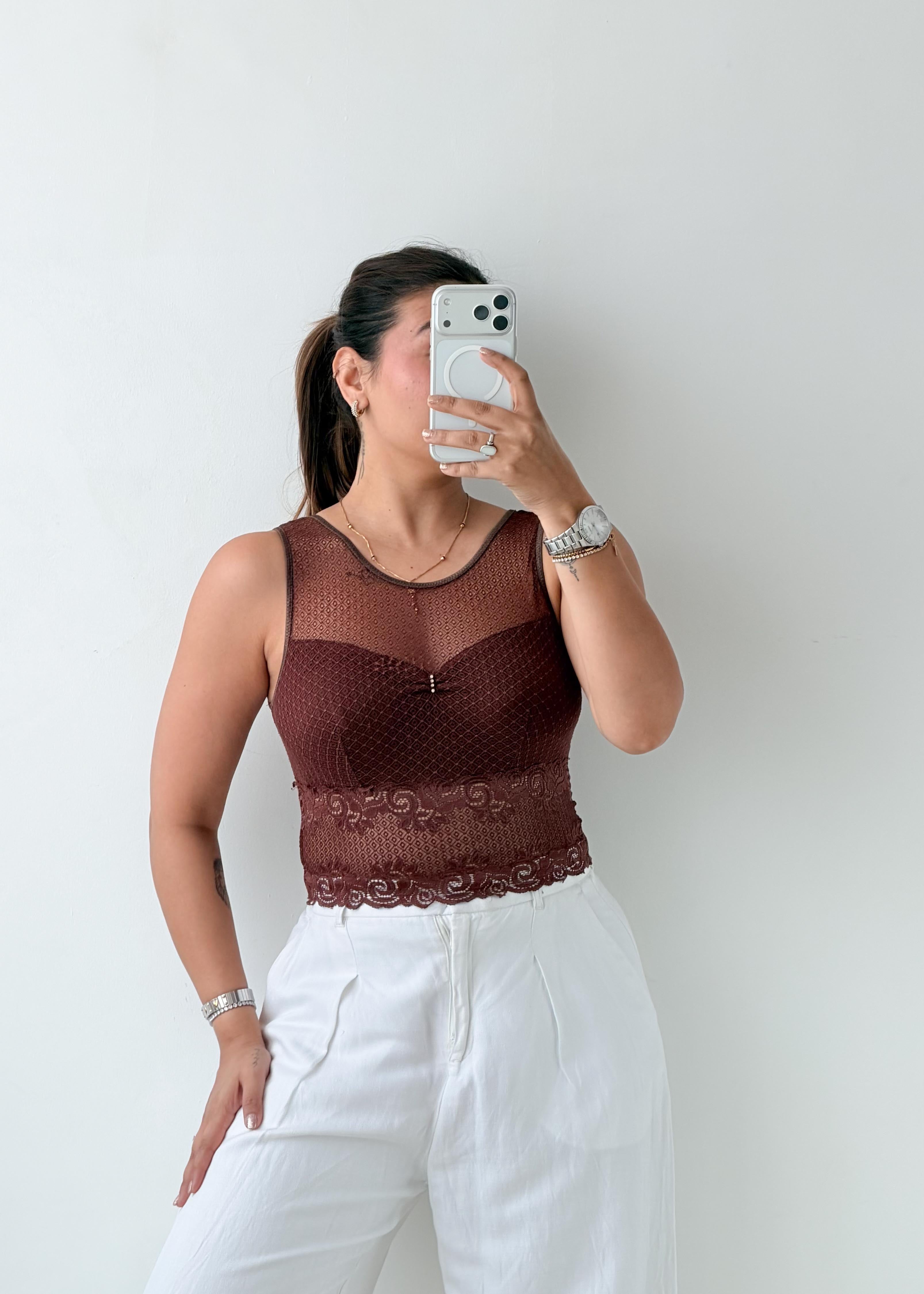 Size XS-S Brown Mesh Lace Top