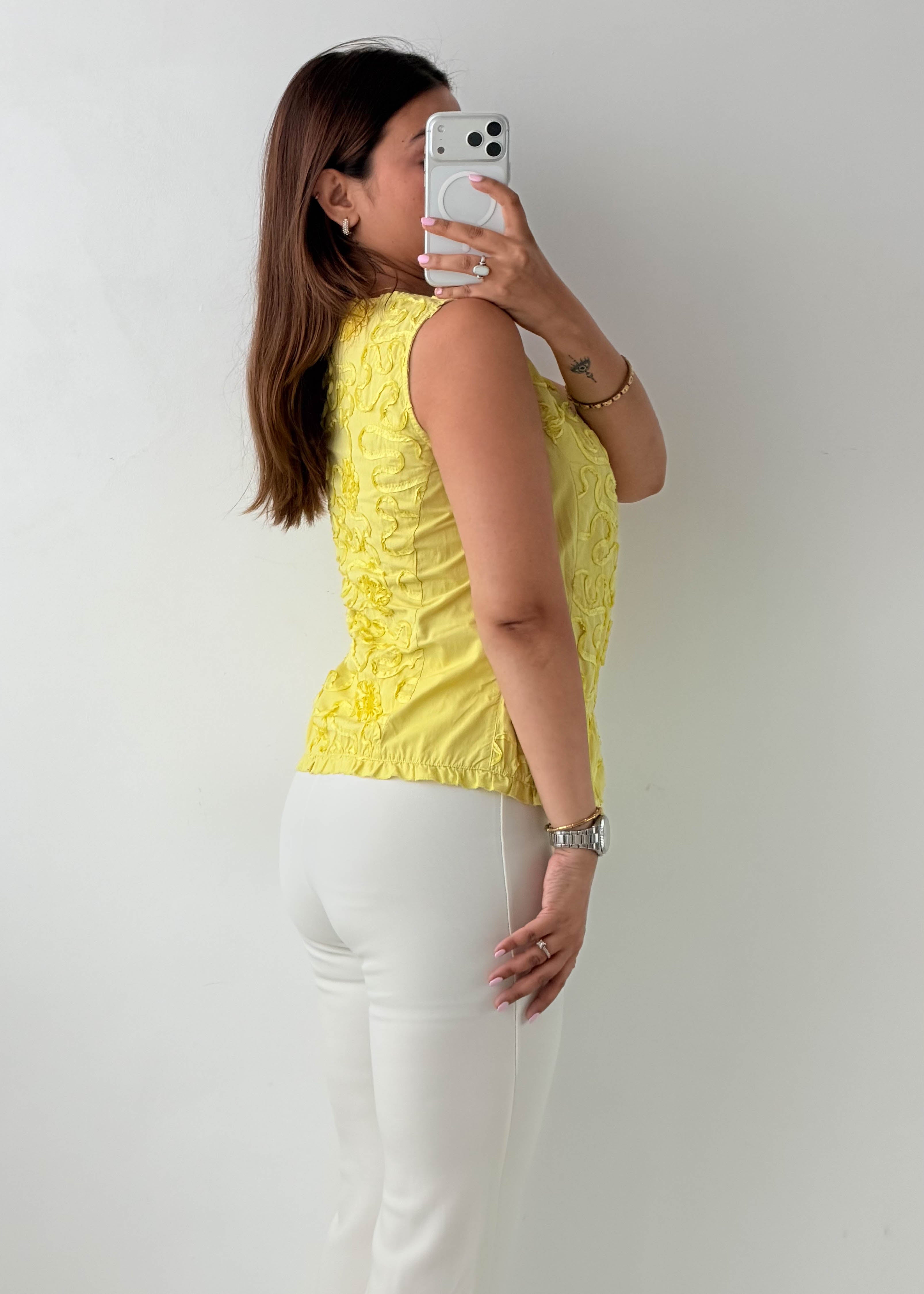 Size M Yellow Embroidered Peplum Top