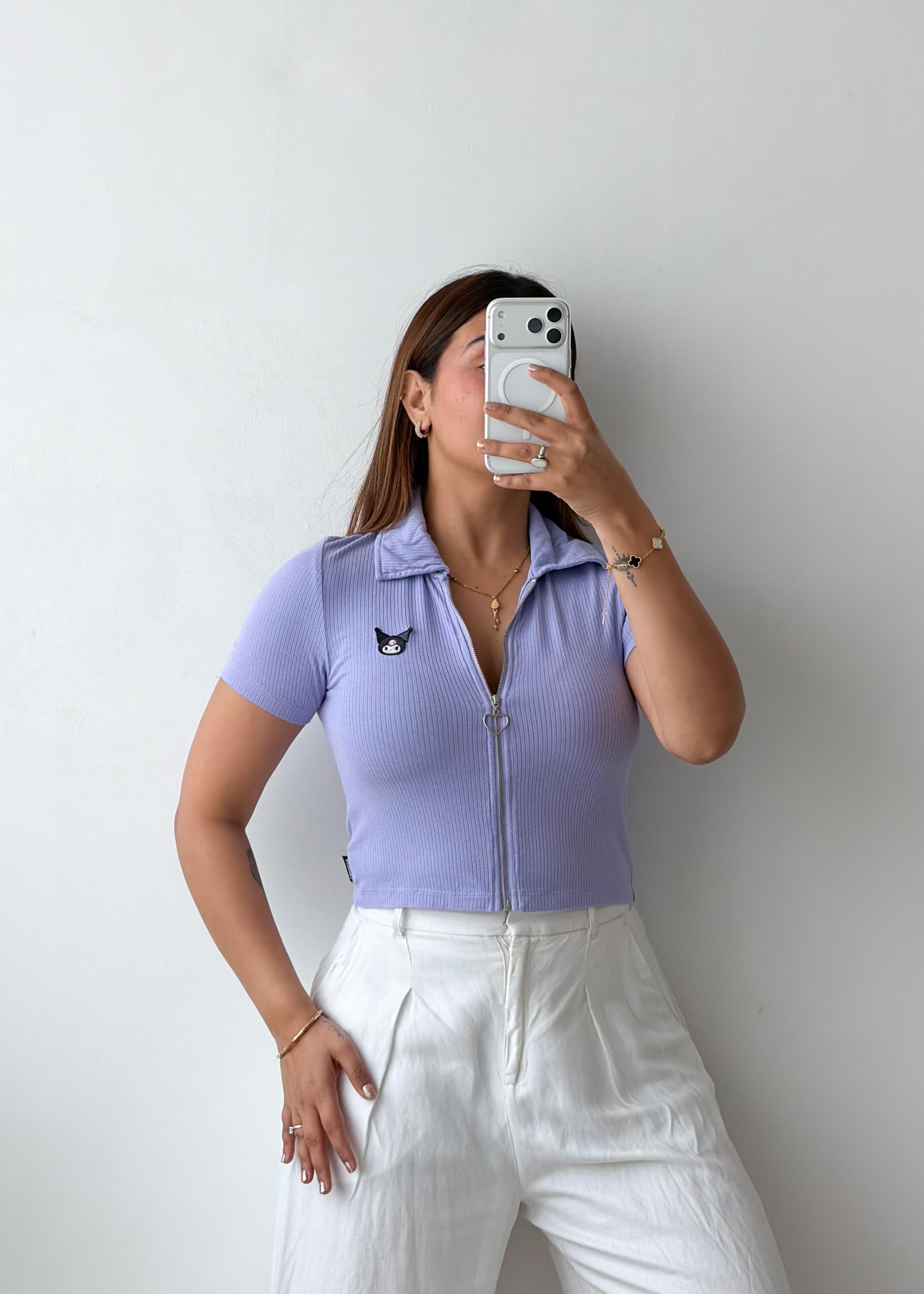 Size S-M Lilac Zip-Up Ribbed Polo Top