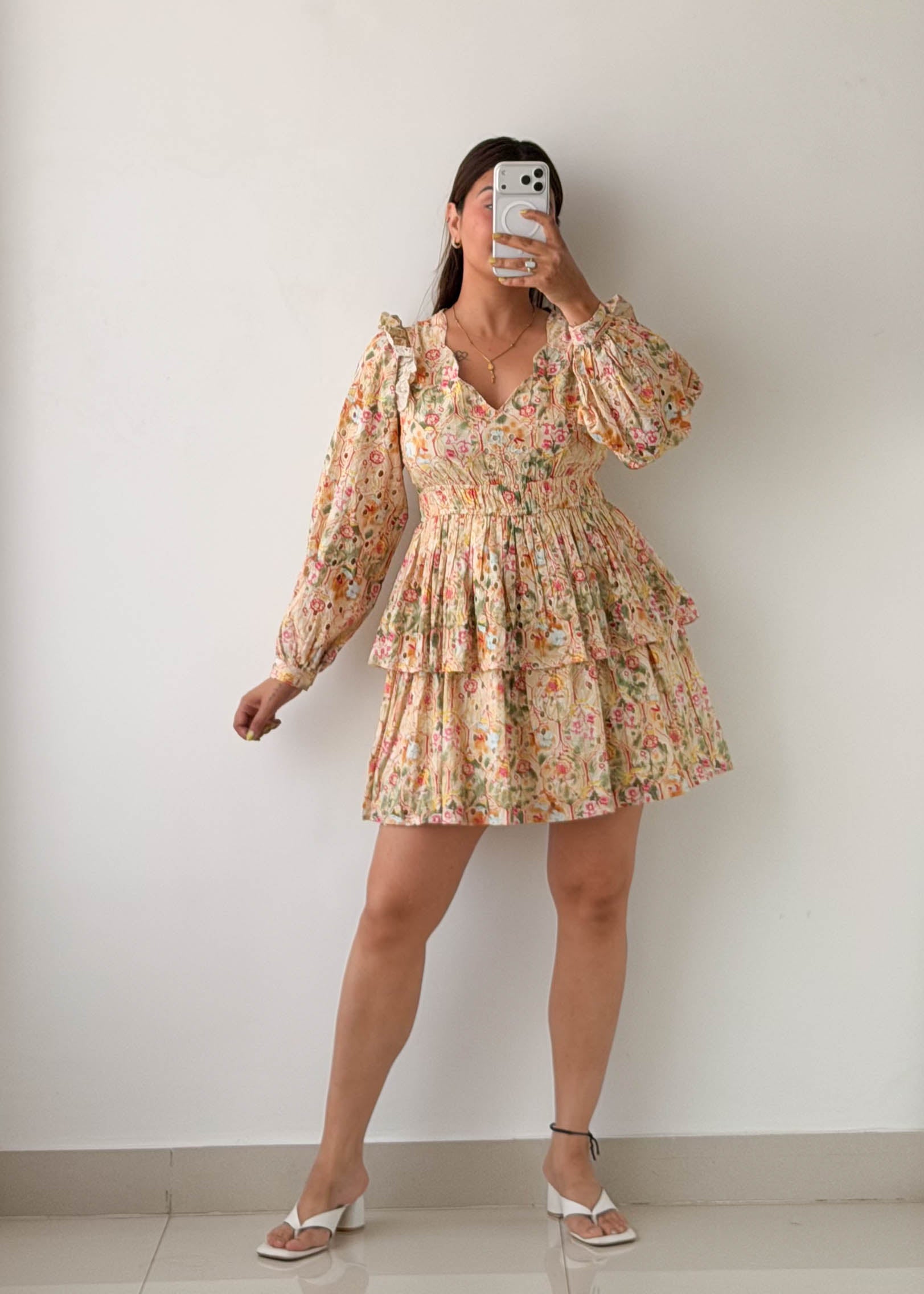 Size S-M Cream Floral Tiered Mini Dress
