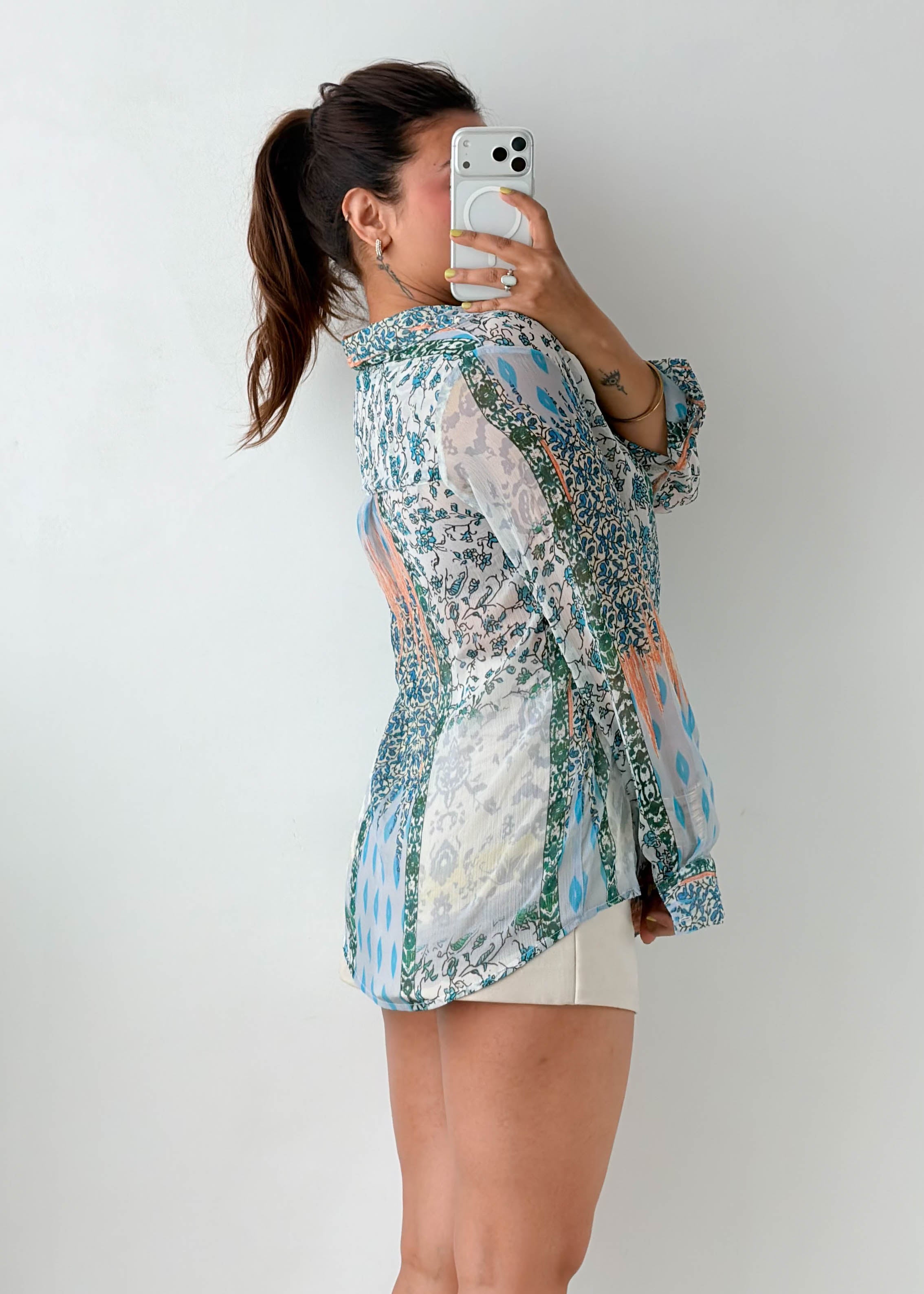 Size S-M Blue Mixed Print Tie-Neck Shirt