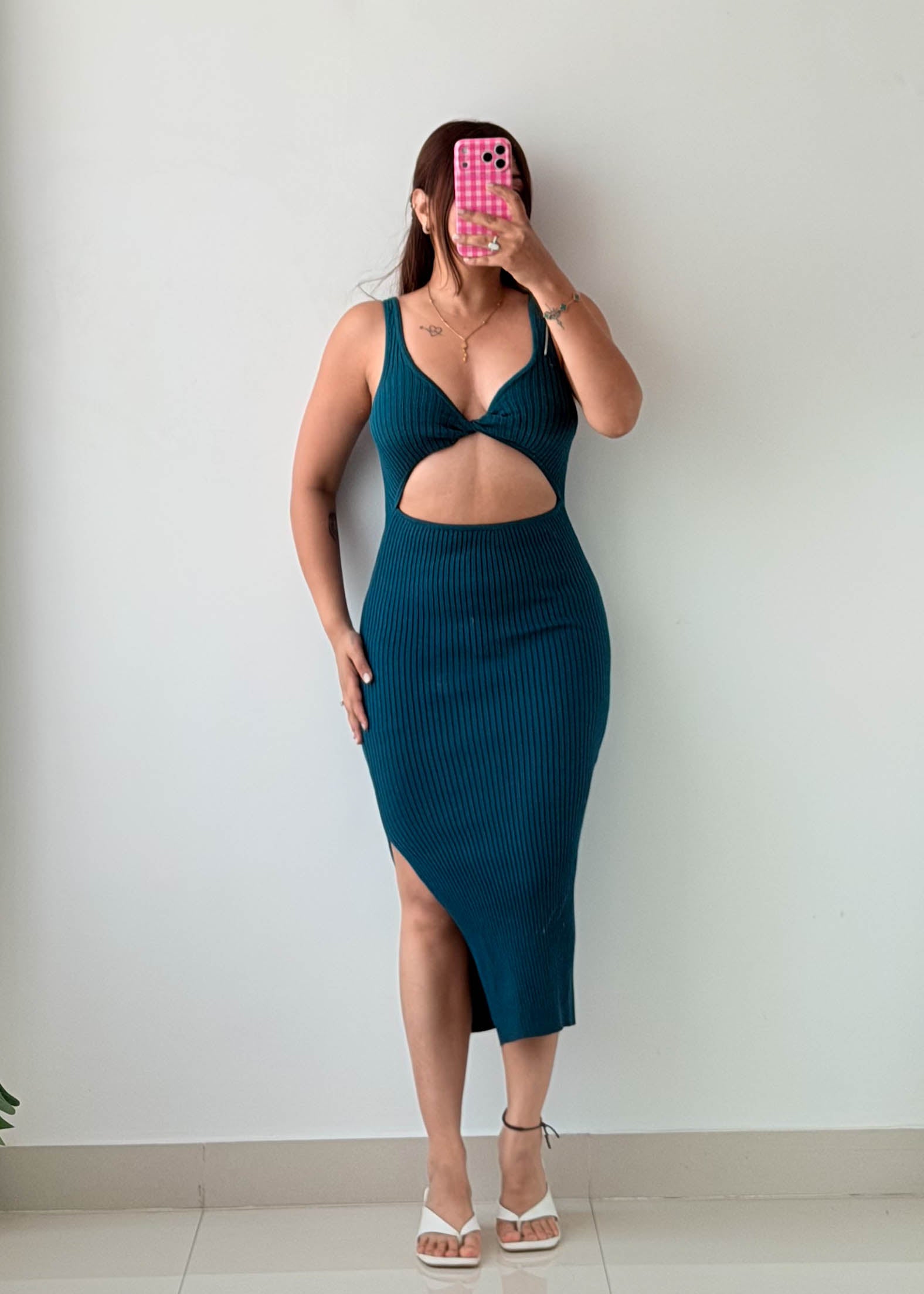 Size XS-S Teal Cut-Out Knit Midi Dress
