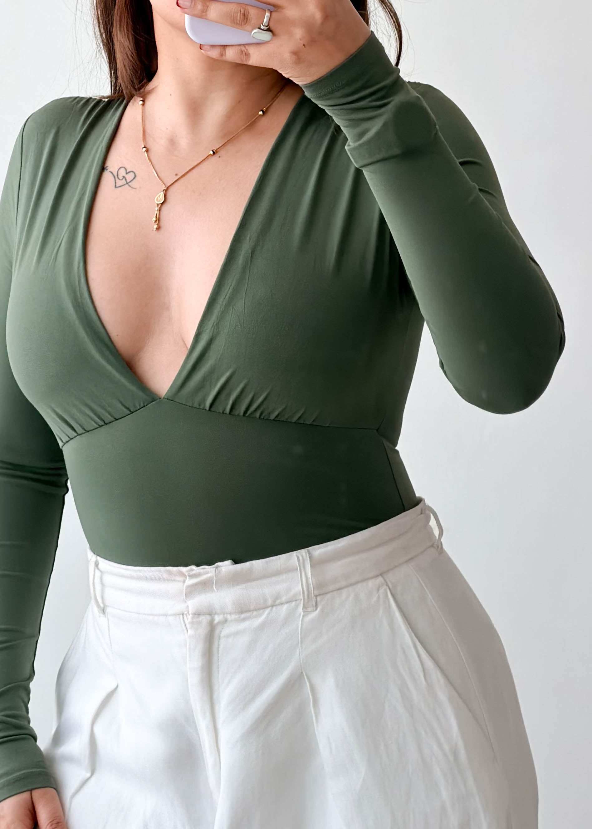 Size XS Olive Deep V Bodysuit