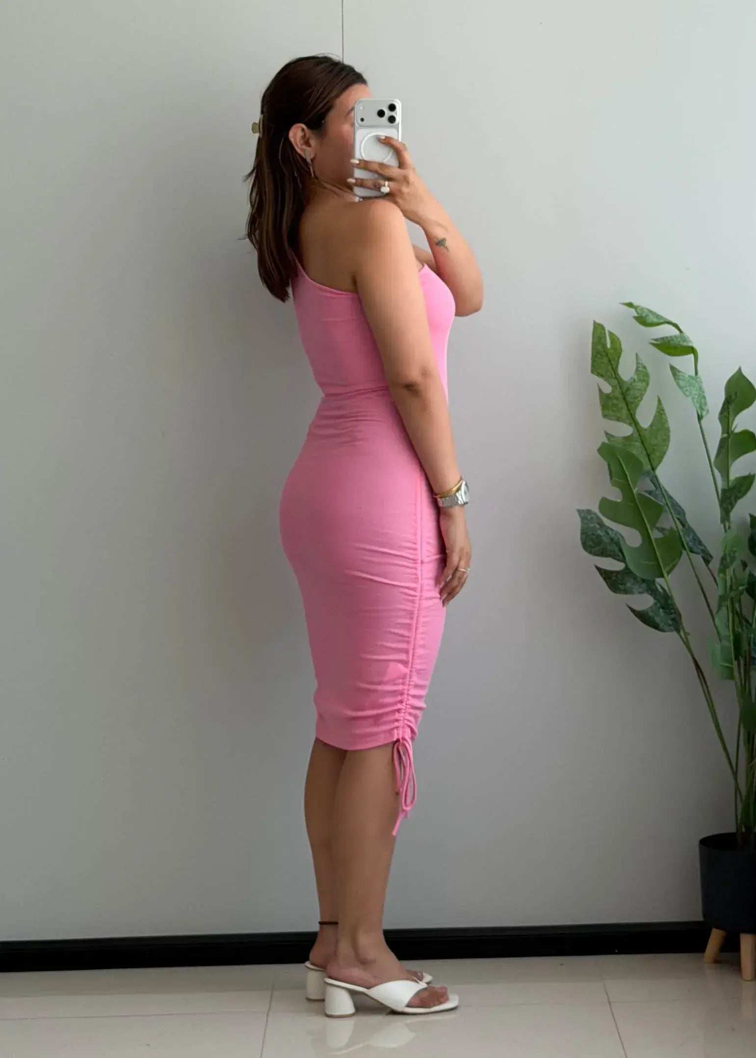 SIZE S-M, Pink One-Shoulder Ruched Midi Dress - Closet by Payal