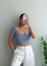 Size XS-S, Light Blue Short Sleeve Ribbed Crop Top - Closet by Payal