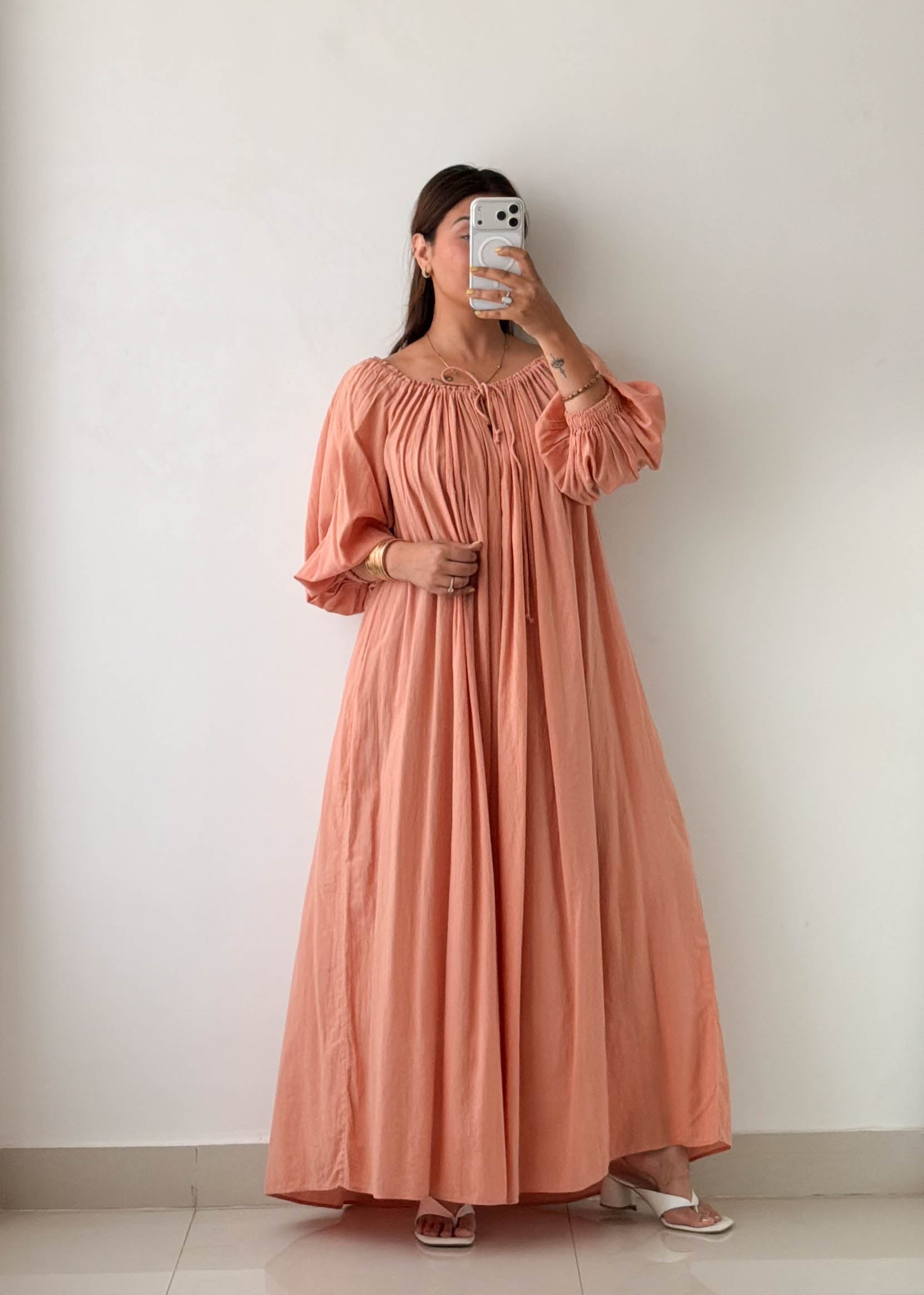 Free Size Peach Cotton Maxi Dress