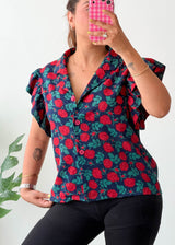 Size S-M Navy Red Rose Ruffle Sleeve Top
