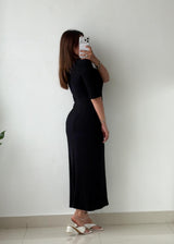 Size M-L Black Ribbed Button-Front Knit Maxi Dress