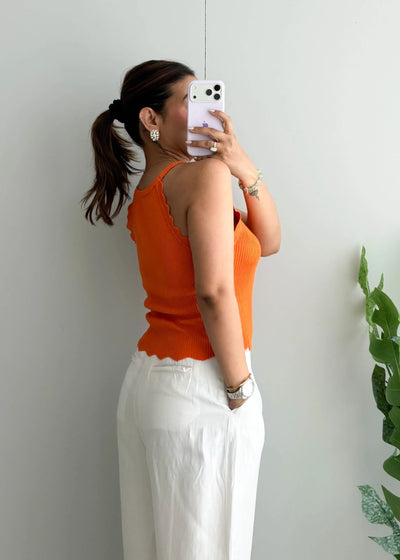 Size M-L, Orange Scallop Hem Sleeveless Top - Closet by Payal