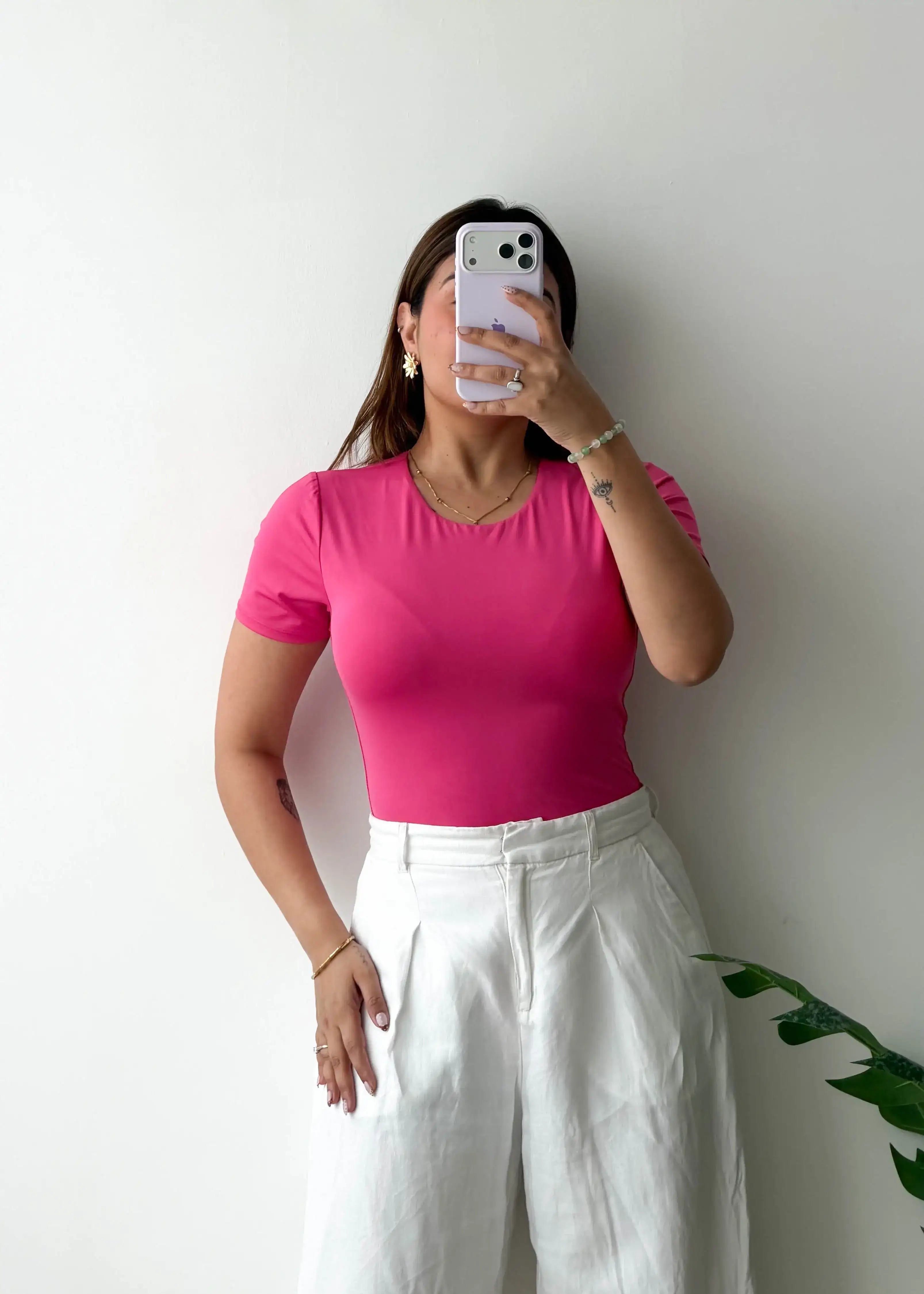 Size L, Hot Pink Round Neck Half Sleeve Bodysuit