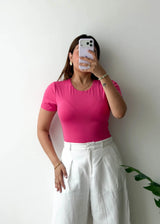 Size L, Hot Pink Round Neck Half Sleeve Bodysuit