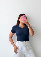 Size XS Navy Textured Crew Neck Bodysuit