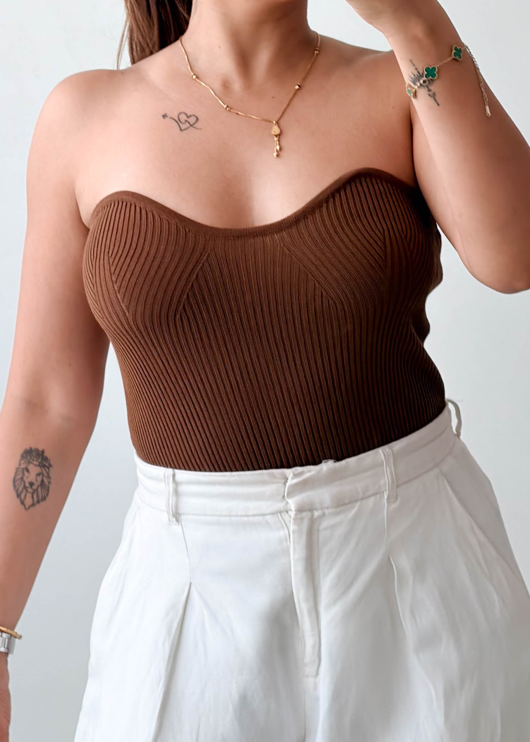 Size S-M Brown Ribbed Sweetheart Tube Top