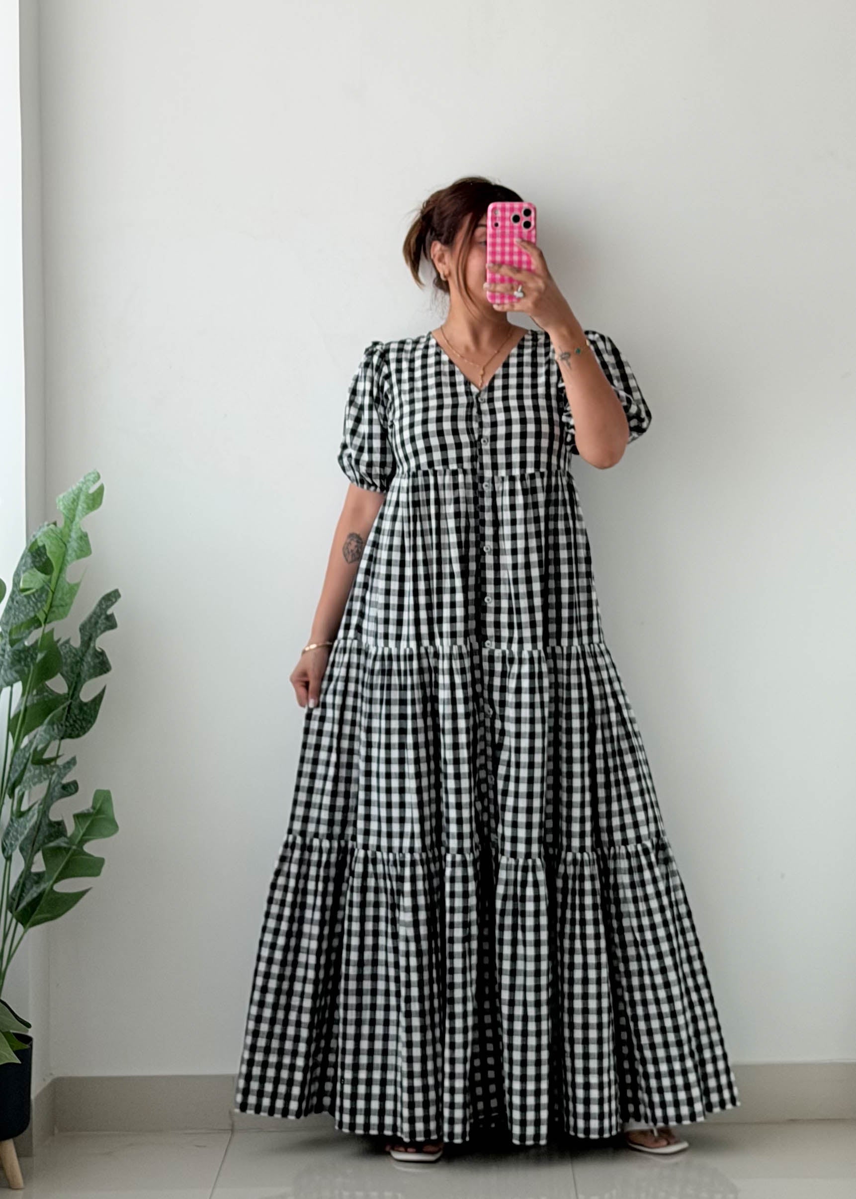 Size M-L Gingham Tiered Maxi Dress