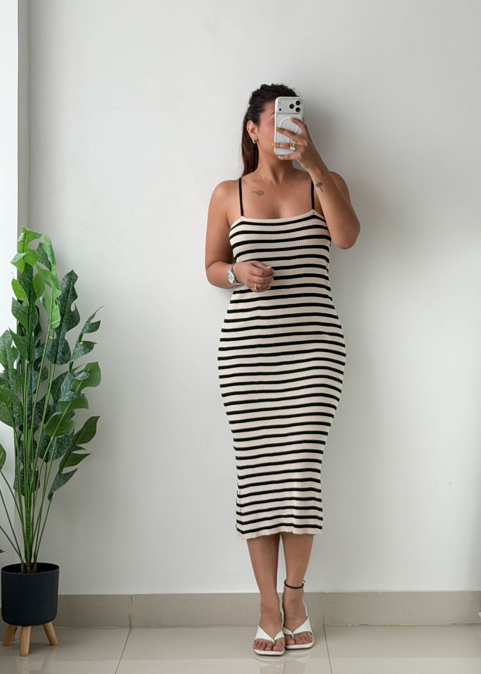 Size S-M Black & White Striped Bodycon Maxi Dress