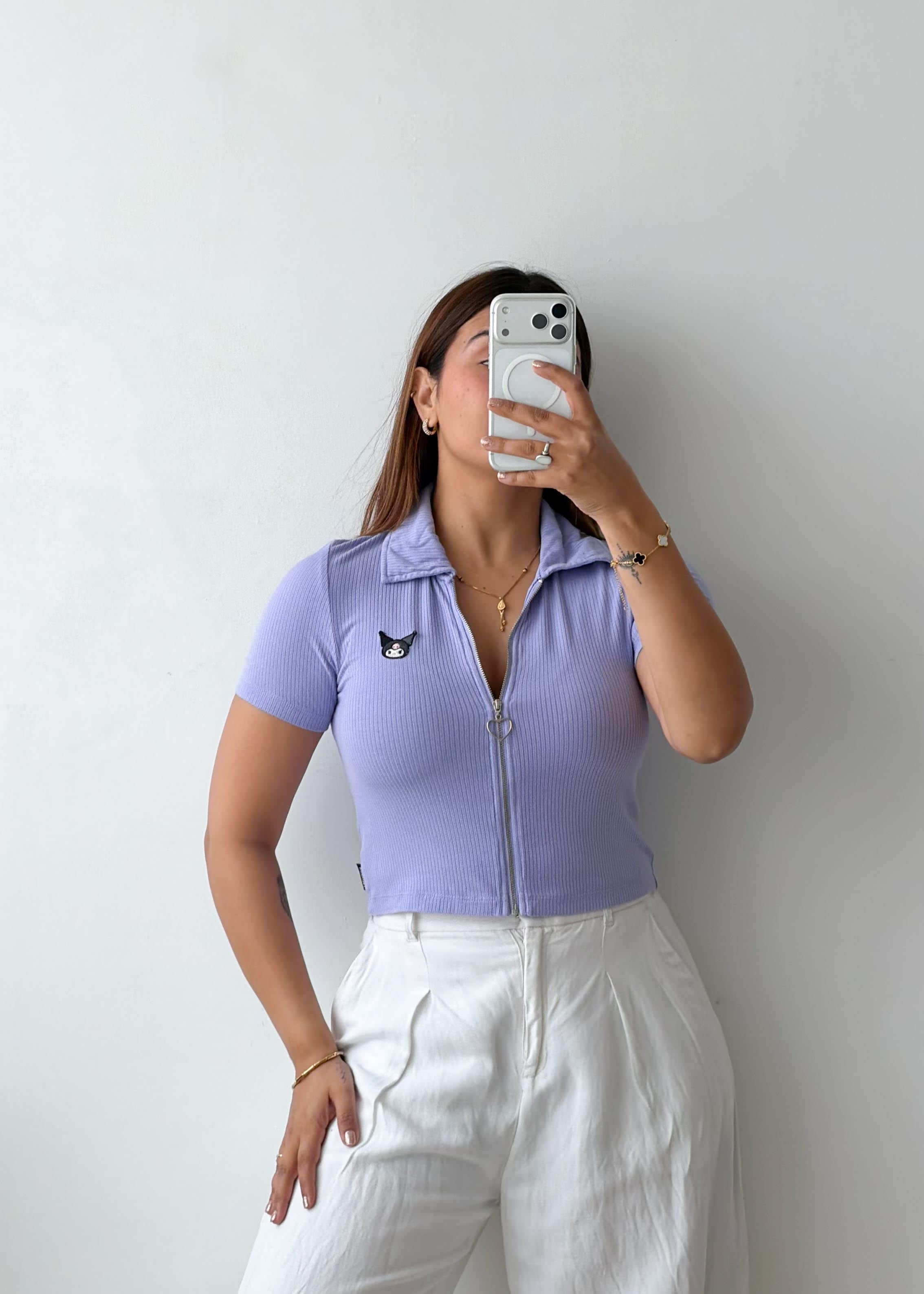 Size S-M Lilac Zip-Up Ribbed Polo Top