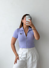 Size S-M Lilac Zip-Up Ribbed Polo Top