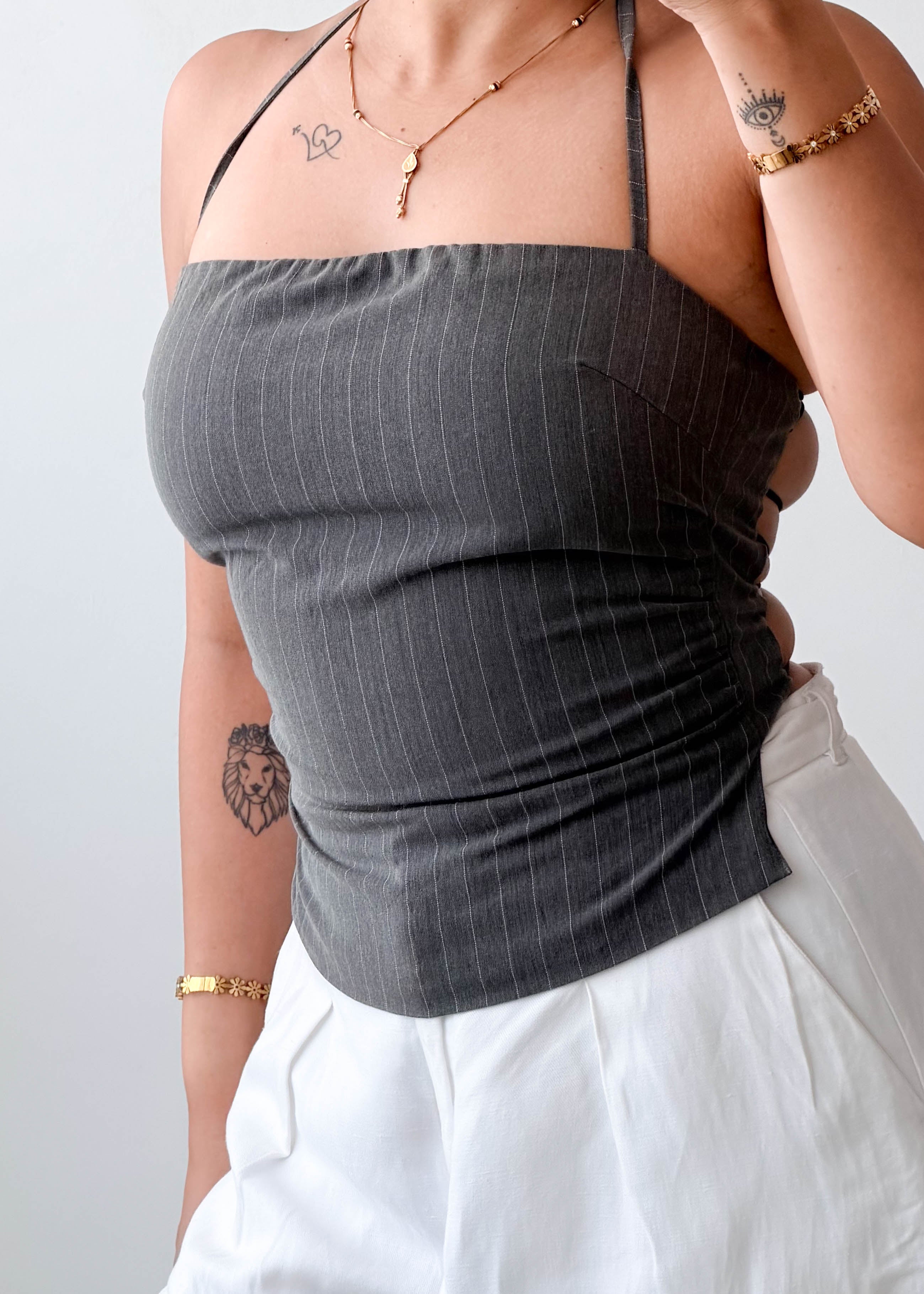Size XS-S Charcoal Pinstripe Halter Top