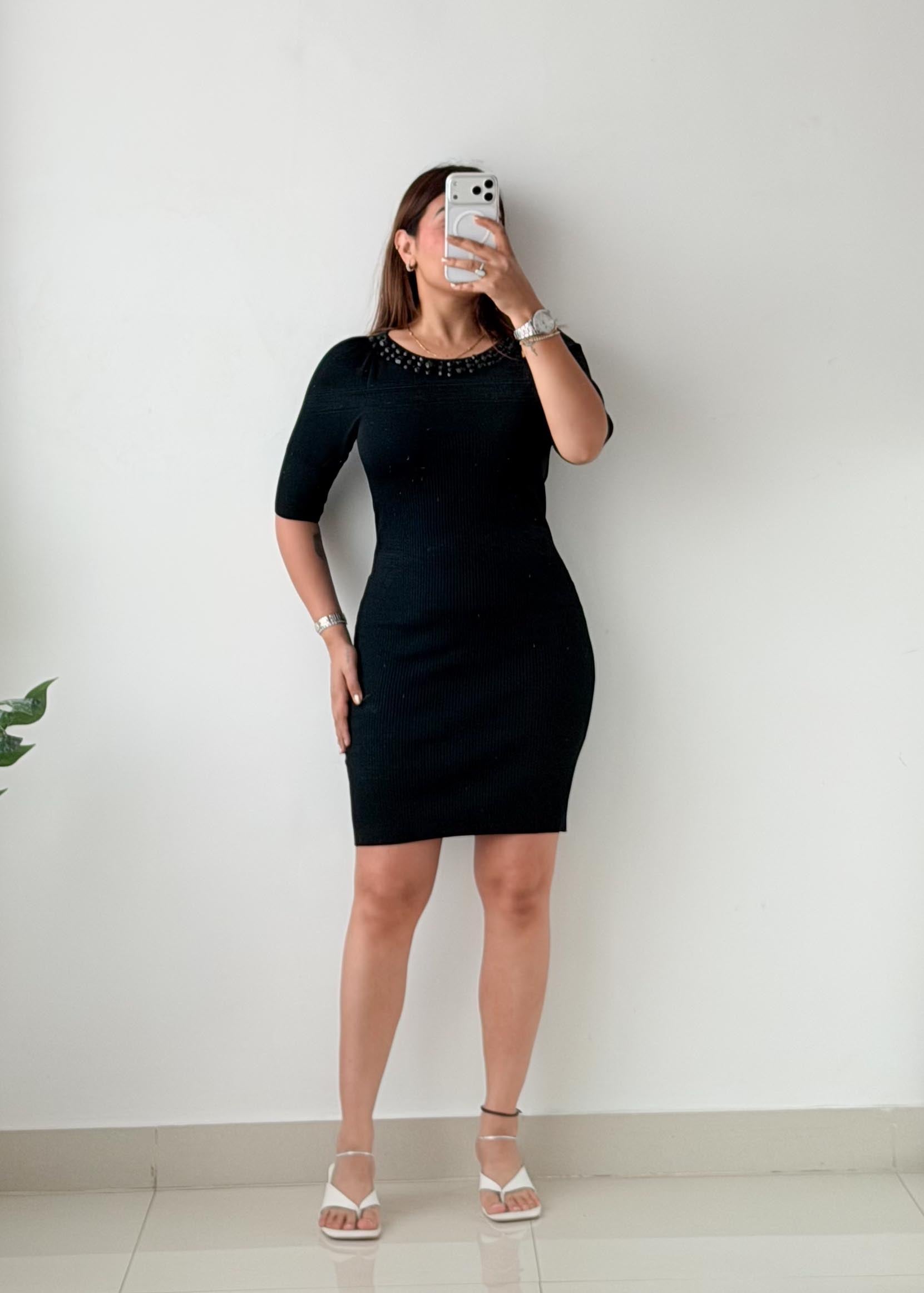 Size S-M Black Embellished Knit Mini Dress