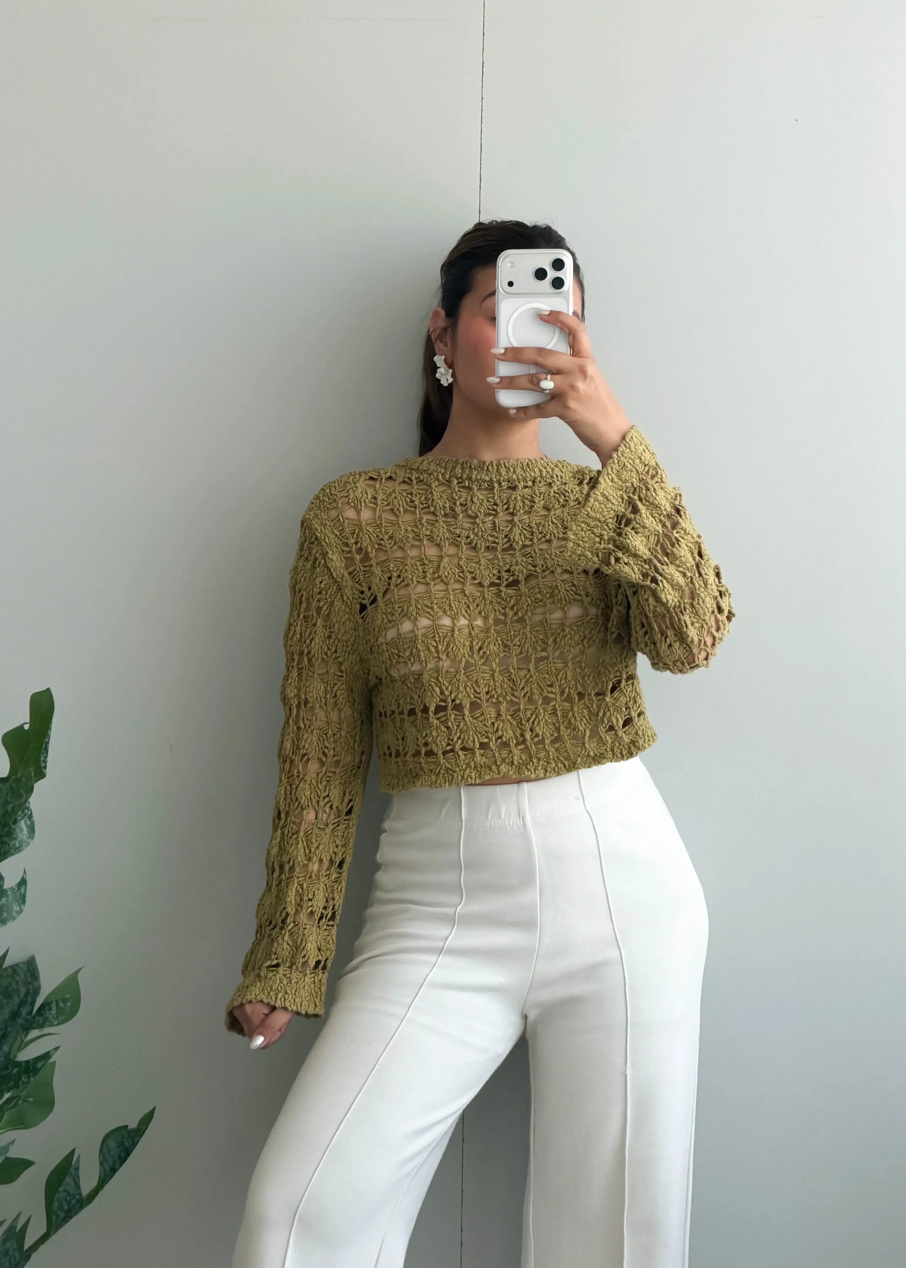 Size S-M, Olive Crochet Crop Top - Closet by Payal
