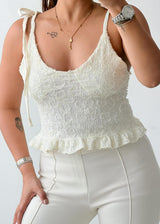 Size S-M White Textured Peplum Top