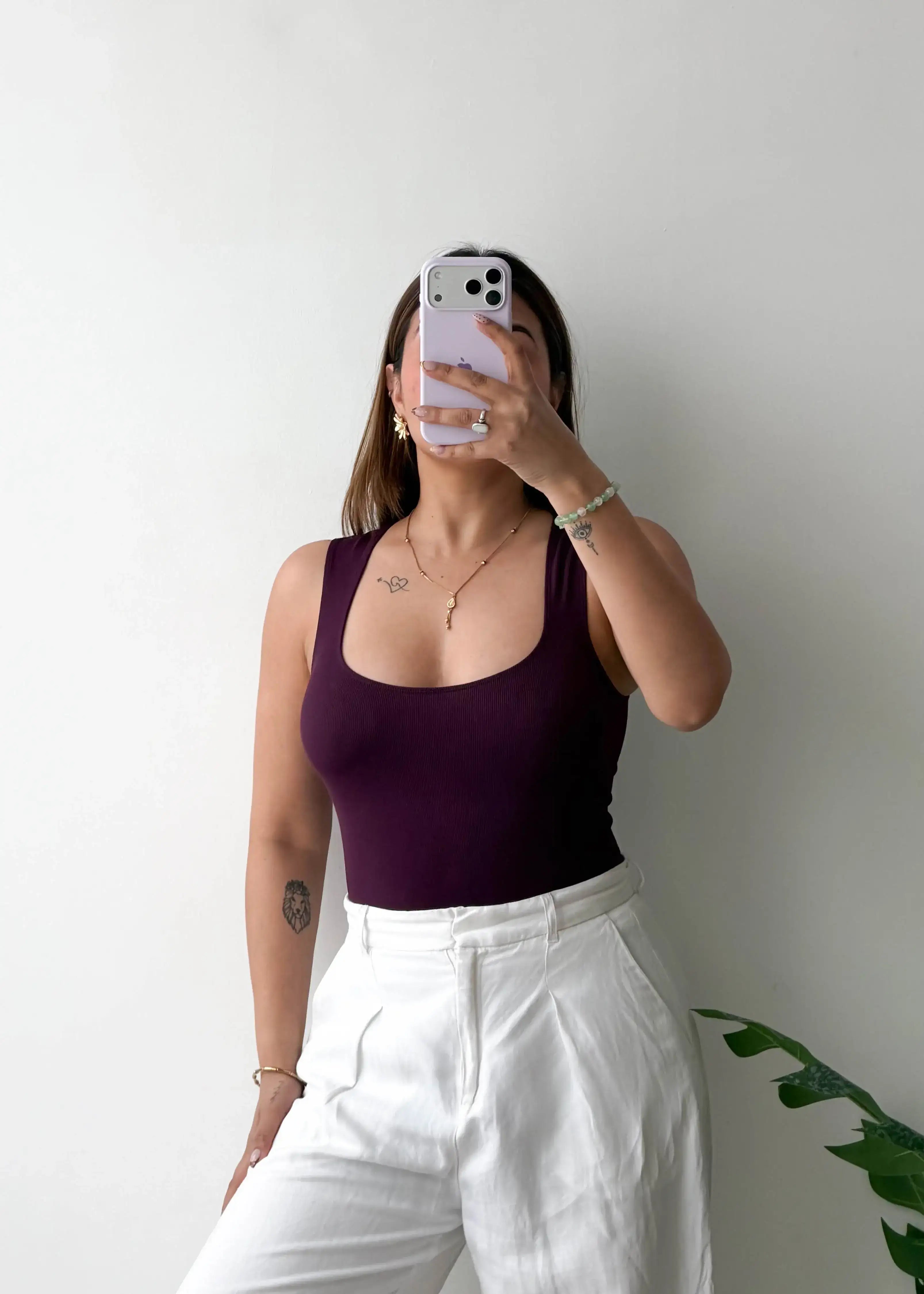 Size S, Plum Scoop Neck Sleeveless Bodysuit