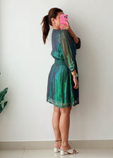 Size M-L Emerald Green Shimmer Sheer Sleeve Mini Dress