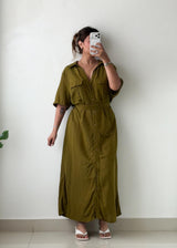 Size L-XL Olive Green Shirt Maxi Dress