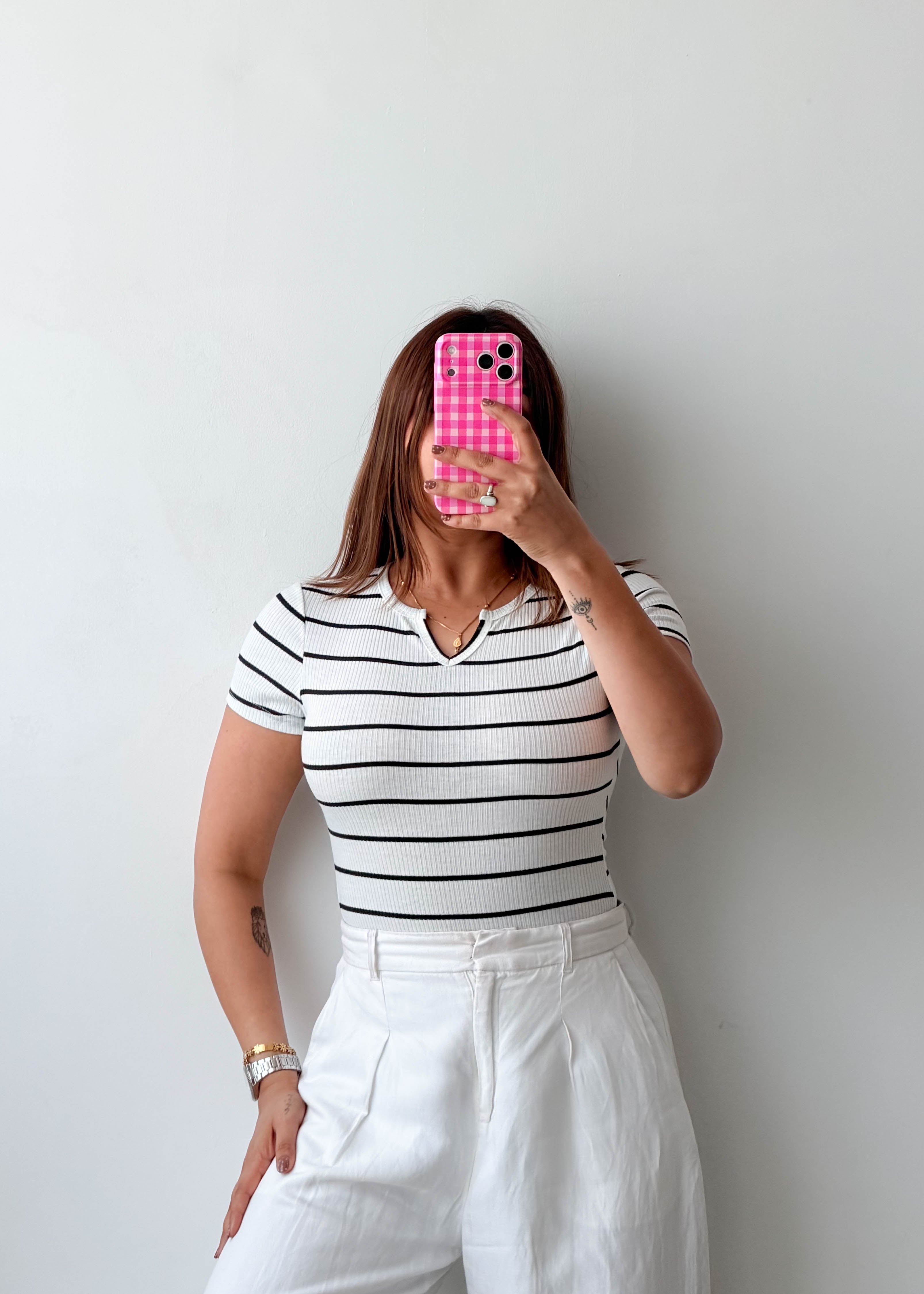 Size XS-S White Striped Collared Bodysuit