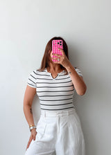 Size XS-S White Striped Collared Bodysuit