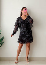 Size L Black Abstract Print Sheer Sleeve Mini Dress