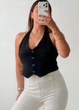 Size M-L Black Button Halter Crop Top