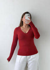 Size S-M Red Ribbed V-Neck Top